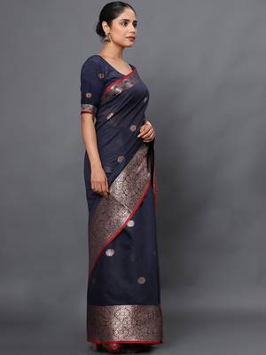 Navy Blue Jacquard Cotton Linen Blend Golden Zari Butta Banarasi Saree With Unstitched Blouse Piece 4