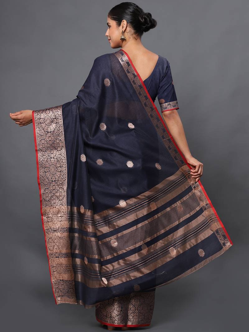 Navy Blue Jacquard Cotton Linen Blend Golden Zari Butta Banarasi Saree With Unstitched Blouse Piece