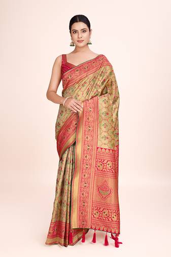 Exquisite designs with this regal pink rich look banarasi tissue silk saree