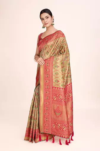 Pink banarasi tissue silk weaving zari work saree