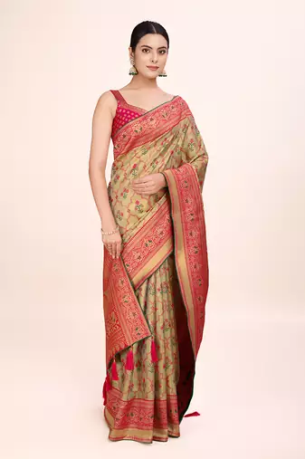 Pink banarasi tissue silk weaving zari work saree