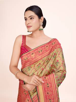 Pink banarasi tissue silk weaving zari work saree 4