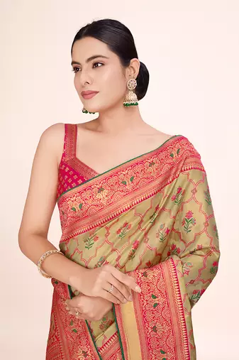 Pink banarasi tissue silk weaving zari work saree