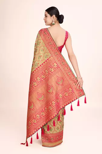 Pink banarasi tissue silk weaving zari work saree