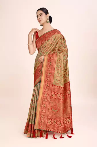 Red banarasi tissue silk weaving zari work saree