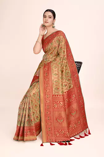 Red banarasi tissue silk weaving zari work saree