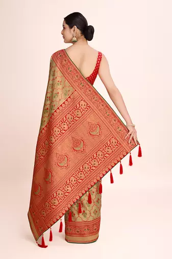 Red banarasi tissue silk weaving zari work saree