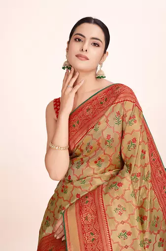 Red banarasi tissue silk weaving zari work saree