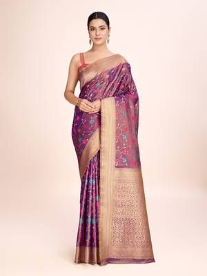 Light Brown banarasi tissue silk blend weaving zari work saree 1