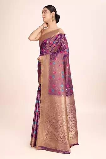 Light Brown banarasi tissue silk blend weaving zari work saree