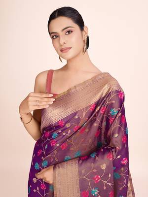 Light Brown banarasi tissue silk blend weaving zari work saree 5