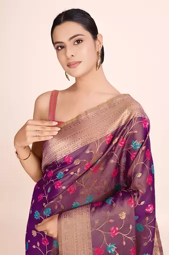 Light Brown banarasi tissue silk blend weaving zari work saree