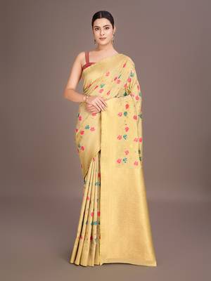 Cream banarasi tissue silk blend weaving zari work saree 1