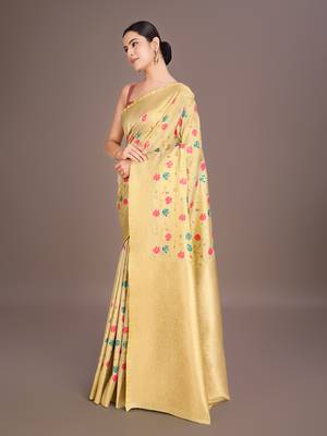 Cream banarasi tissue silk blend weaving zari work saree 2