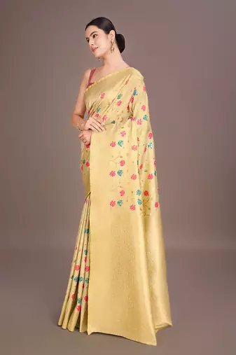 Cream banarasi tissue silk blend weaving zari work saree