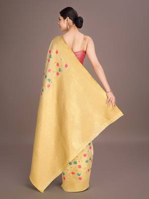 Cream banarasi tissue silk blend weaving zari work saree 3