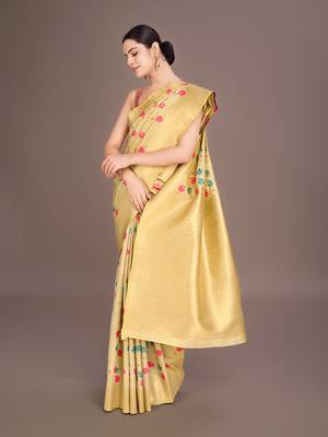Cream banarasi tissue silk blend weaving zari work saree 4