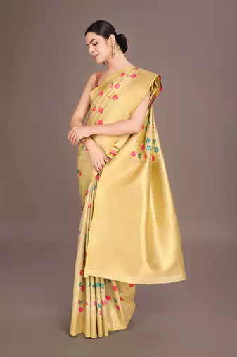 Cream banarasi tissue silk blend weaving zari work saree