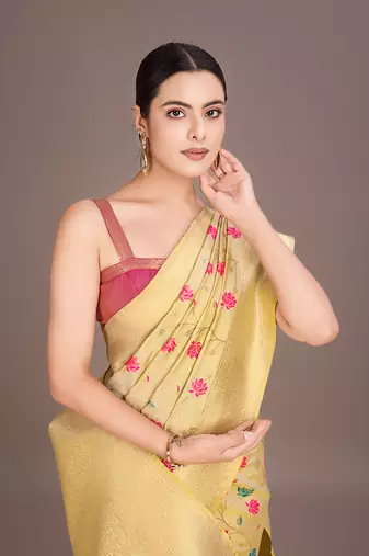 Cream banarasi tissue silk blend weaving zari work saree