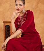 Janasya women's red velvet zari embroidered straight kurta set
