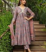 Janasya women's light blue velvet paisley a-line kurta set