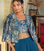 Janasya women's teal blue velvet floral printed crop top with palazzo & cape set