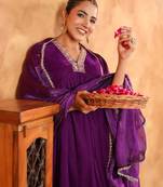 Janasya women's purple velvet zari embroidered a-line kurta set