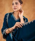 Janasya women's teal blue velvet zari embroidered straight kurta set