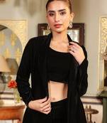 Janasya women's black velvet solid crop top with pant & jacket set