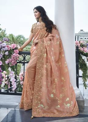 Peach embroidered silk Blend contemporary saree 1