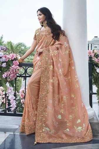 Peach embroidered silk Blend contemporary saree