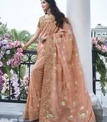 Peach embroidered silk Blend contemporary saree