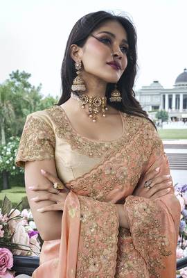 Peach embroidered silk Blend contemporary saree 2