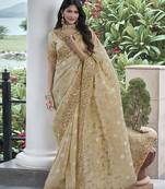 Cream embroidered silk blend contemporary saree