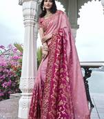 Pink embroidered silk Blend contemporary saree