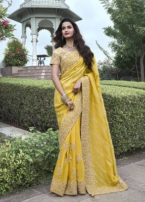 Yellow embroidered silk blend contemporary saree 1