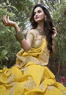 Yellow embroidered silk blend contemporary saree 2