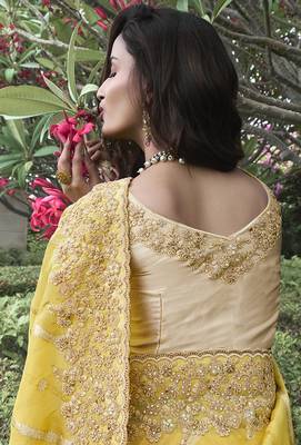Yellow embroidered silk blend contemporary saree 3