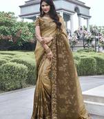 Brown embroidered silk blend contemporary saree