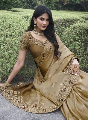 Brown embroidered silk blend saree 2
