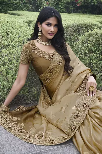 Brown embroidered silk blend saree