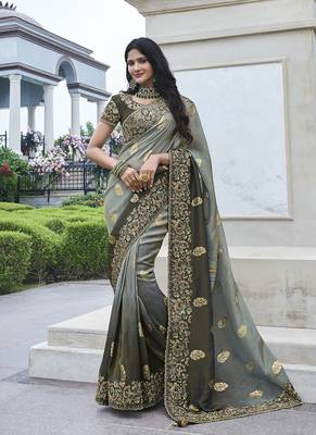 Grey embroidered silk blend saree 1