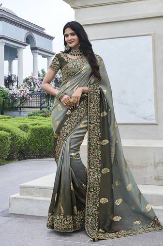 Grey embroidered silk blend contemporary saree