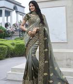 Grey embroidered silk blend contemporary saree
