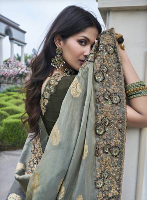 Grey embroidered silk blend saree 2