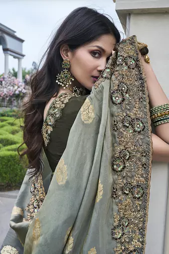 Grey embroidered silk blend saree