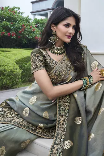 Grey embroidered silk blend saree