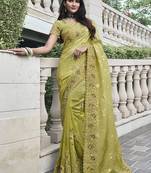 Parrot green embroidered silk blend contemporary saree