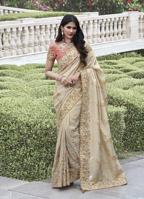 Beige embroidered silk blend saree 1