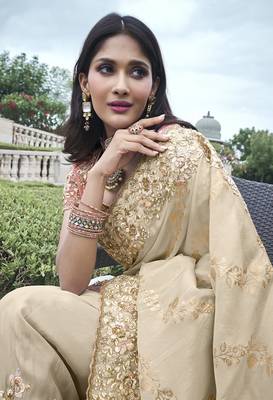 Beige embroidered silk blend saree 2